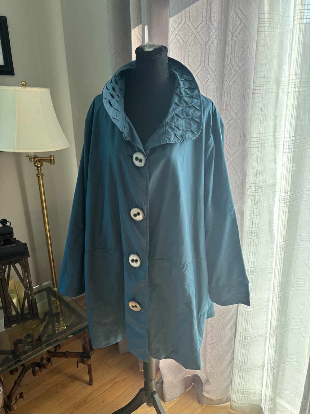 dennis basso Teal Full-Button A-Line Robe Jacket - Picture 2 of 12